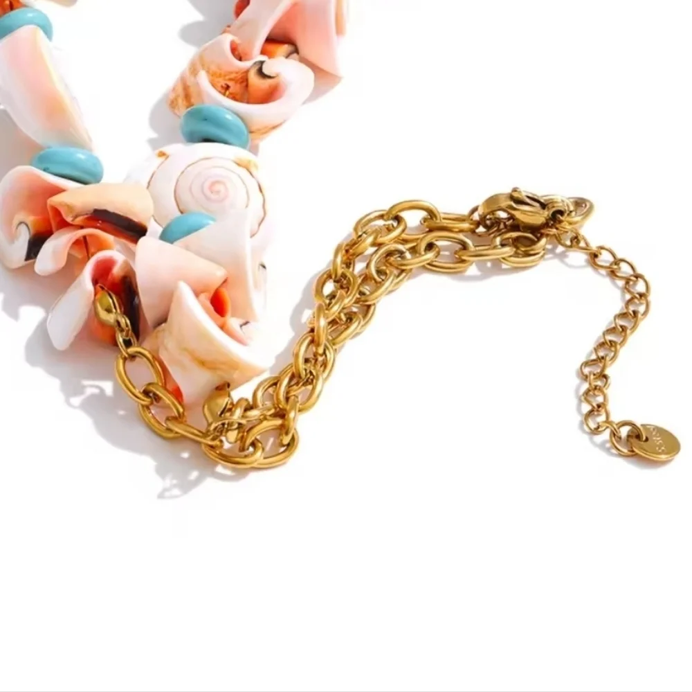 New! Turquoise & Natural Shell Statement Necklace - Gold Plated | NWOT
